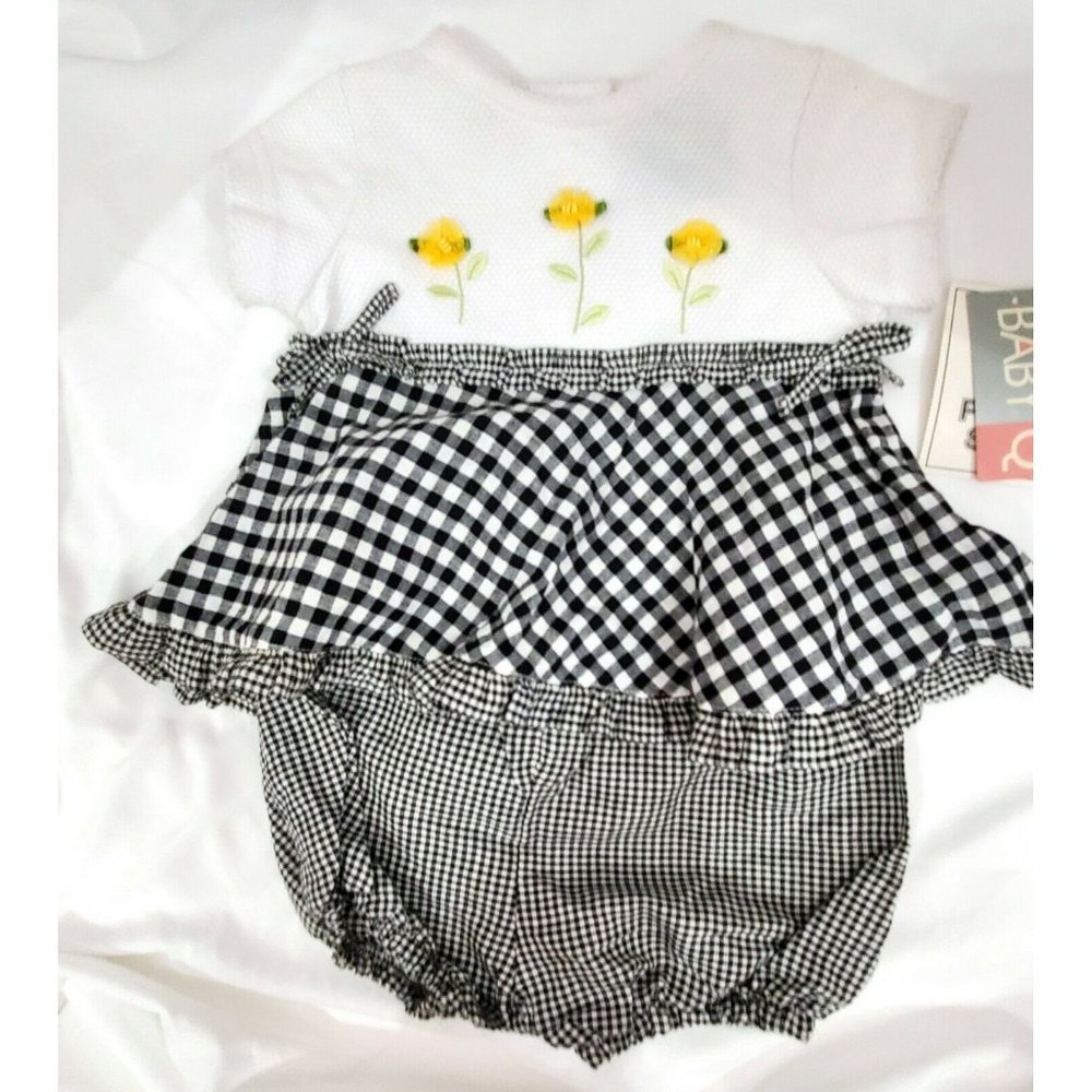 BabyQ Spring Easter DRESS Black White Gingham & yellow flowers 12mo baby toddler